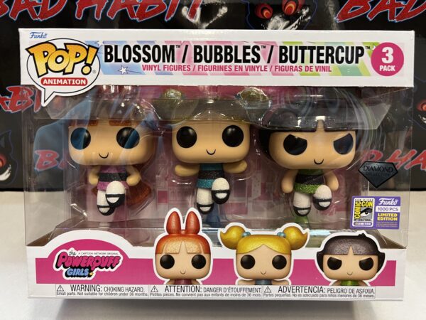 FUNKO POP ANIMATION 3 PACK THE POWERPUFF GIRLS BLOSSOM BUBBLES BUTTERCUP DIAMOND COLLECTION SDCC EXCLUSIVE 3.75" VINYL FIGURE SET LIMITED EDITION 1000